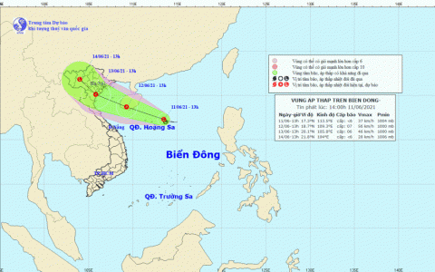 Tin về v&ugrave;ng &aacute;p thấp tr&ecirc;n biển Đ&ocirc;ng (hồi 13h ng&agrave;y 11/6/2021)
